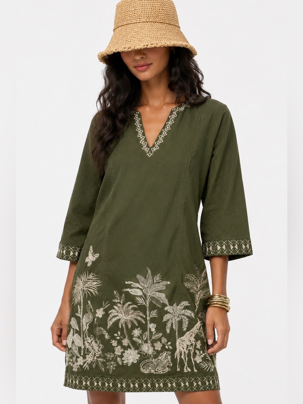 Johnny Was Riley Seamed Swing Dress Embroidered Olive Green Tunic Dress NEW sz M